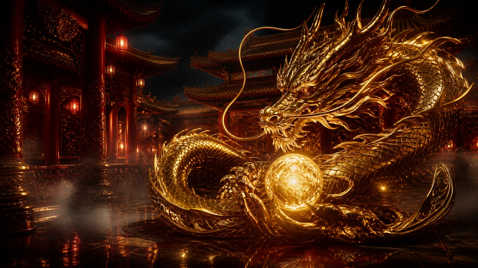 金龍與明珠的東方主題插畫